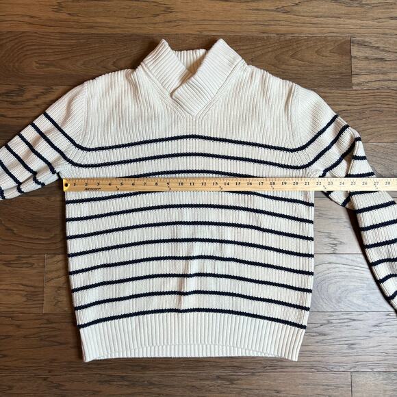 Gap Striped Mock Neck Pullover Sweater, Cream White and Navy Blue, Knit - Picture 2 of 9